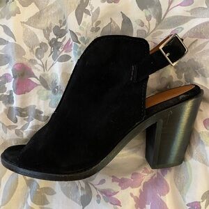 Frye black suede sling back block heel